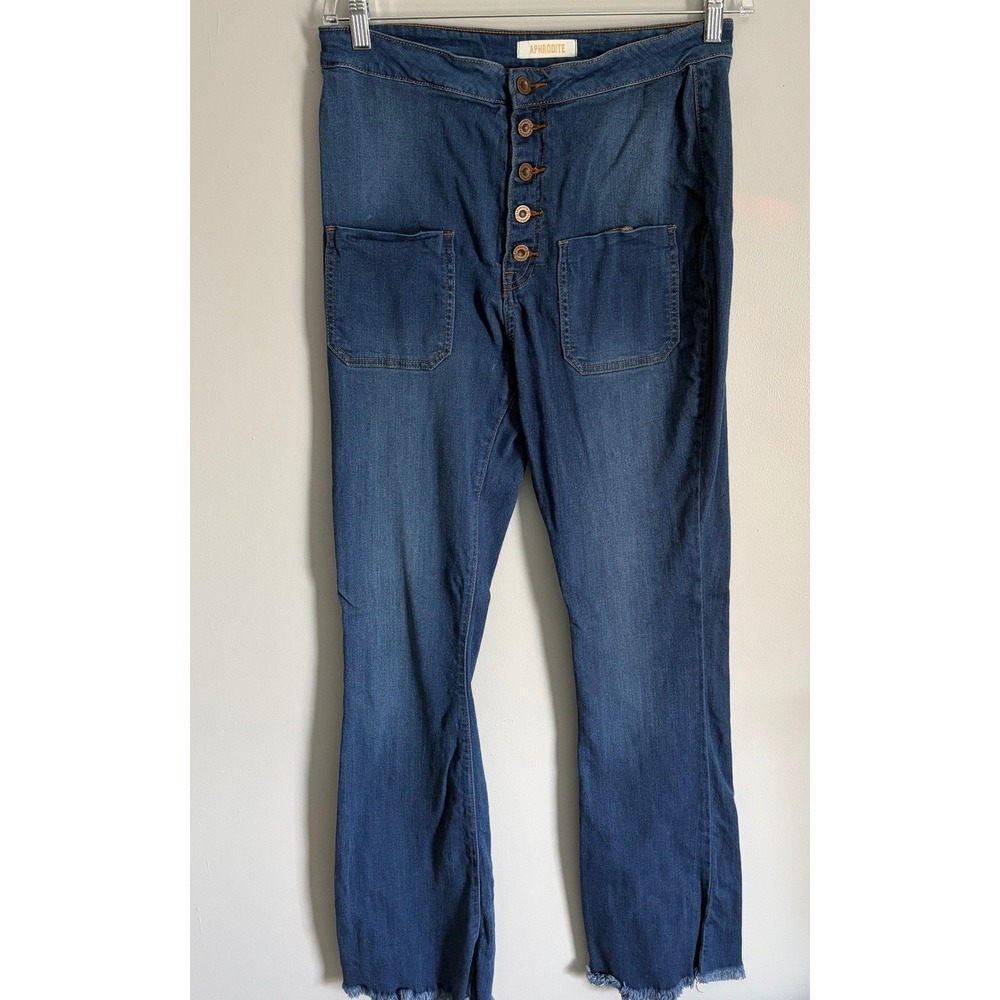 Aphrodite High Rise Button Fly Flare Jeans Medium Wash Frayed Hem  Size 15